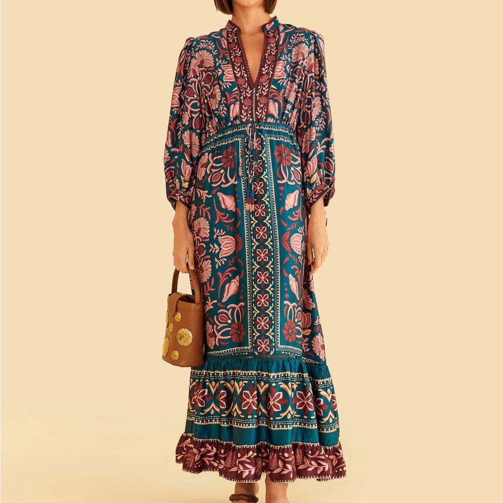 Farm Rio Seashell-Print Satin Maxi Dress